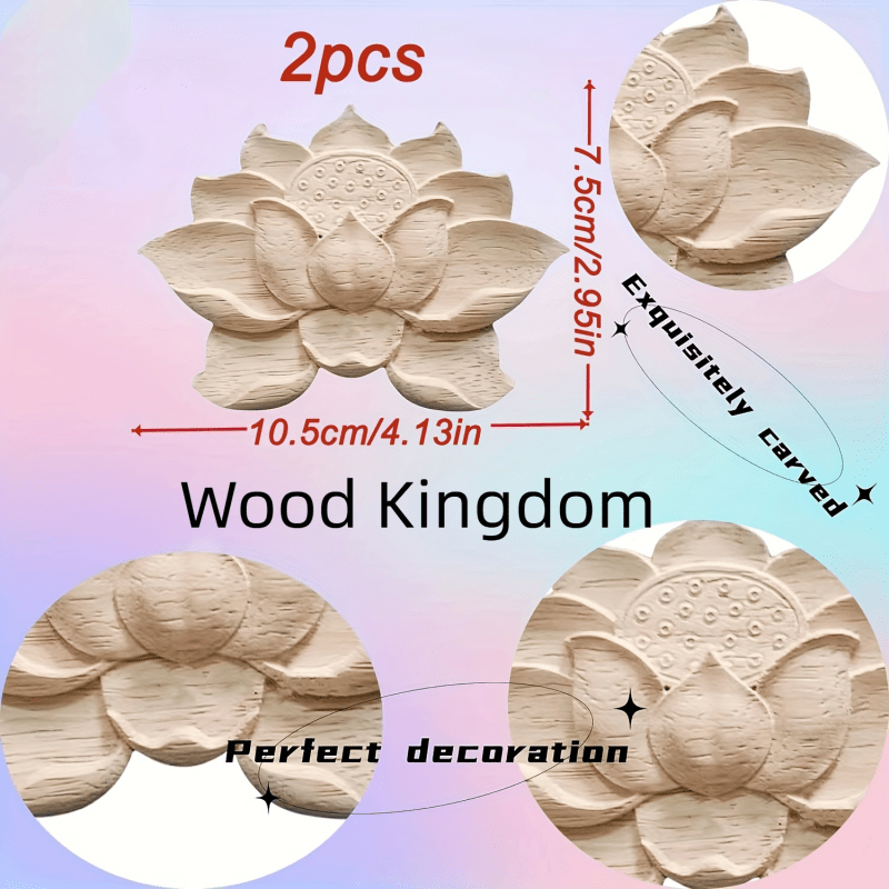 Image of 2 Pcs Unpainted Wooden Lotus Flower Inlays - Diy Furniture Decorations - 10.5cm X 7.5cm