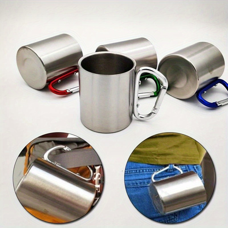 

1pc 304 Stainless Steel Camping Cup - Outdoor Hiking Portable Mug With Carabiner Hook Handle For Backpack Attachment - Durable Water Cup For Picnic & Travel