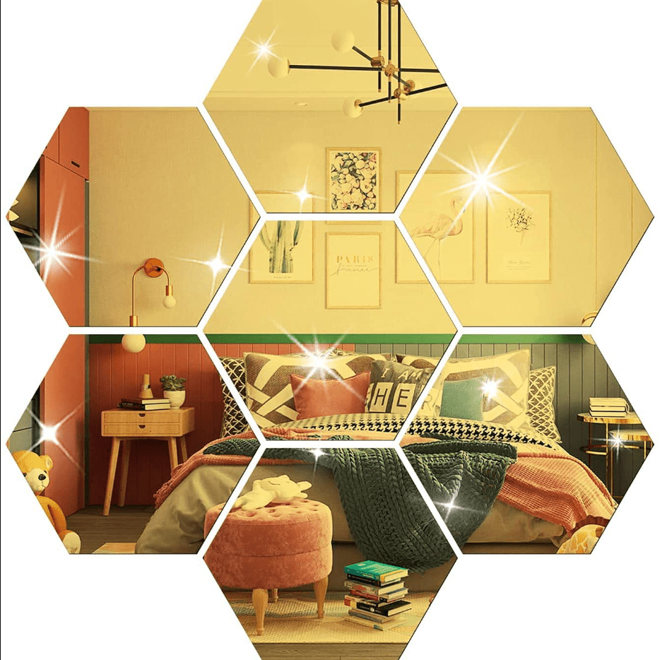 

24pcs Golden Hexagon Mirror For Wall Stickers Removable Acrylic Mirror Setting Honeycomb Wall Sticker Decal Decor For Home Art Room Living Bedroom Background Decoration, Non-glass