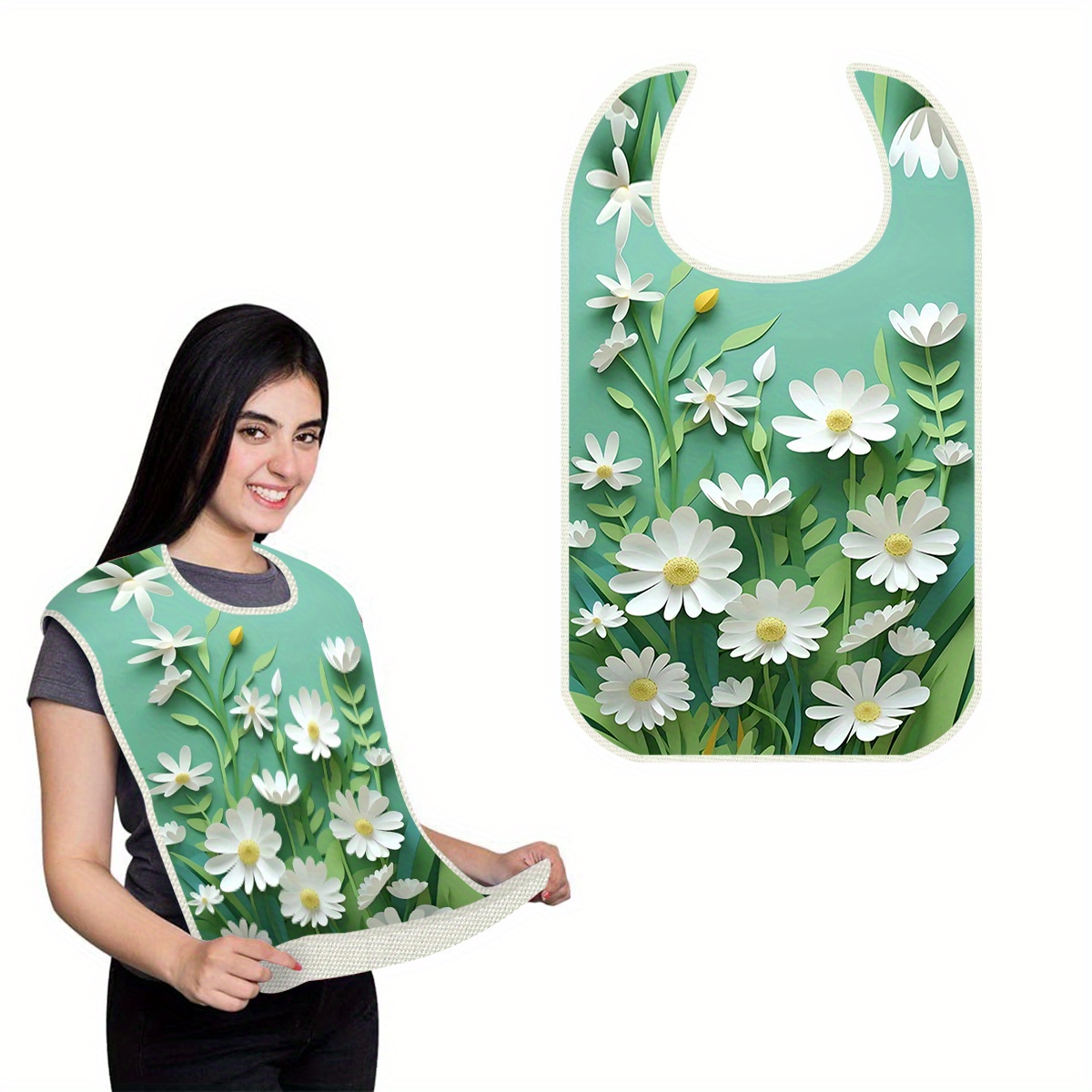 

1pc Elegant Floral Pattern Adult Bib Apron, 100% Linen Material, Washable, Large Size Dining Protector For Adults And Seniors