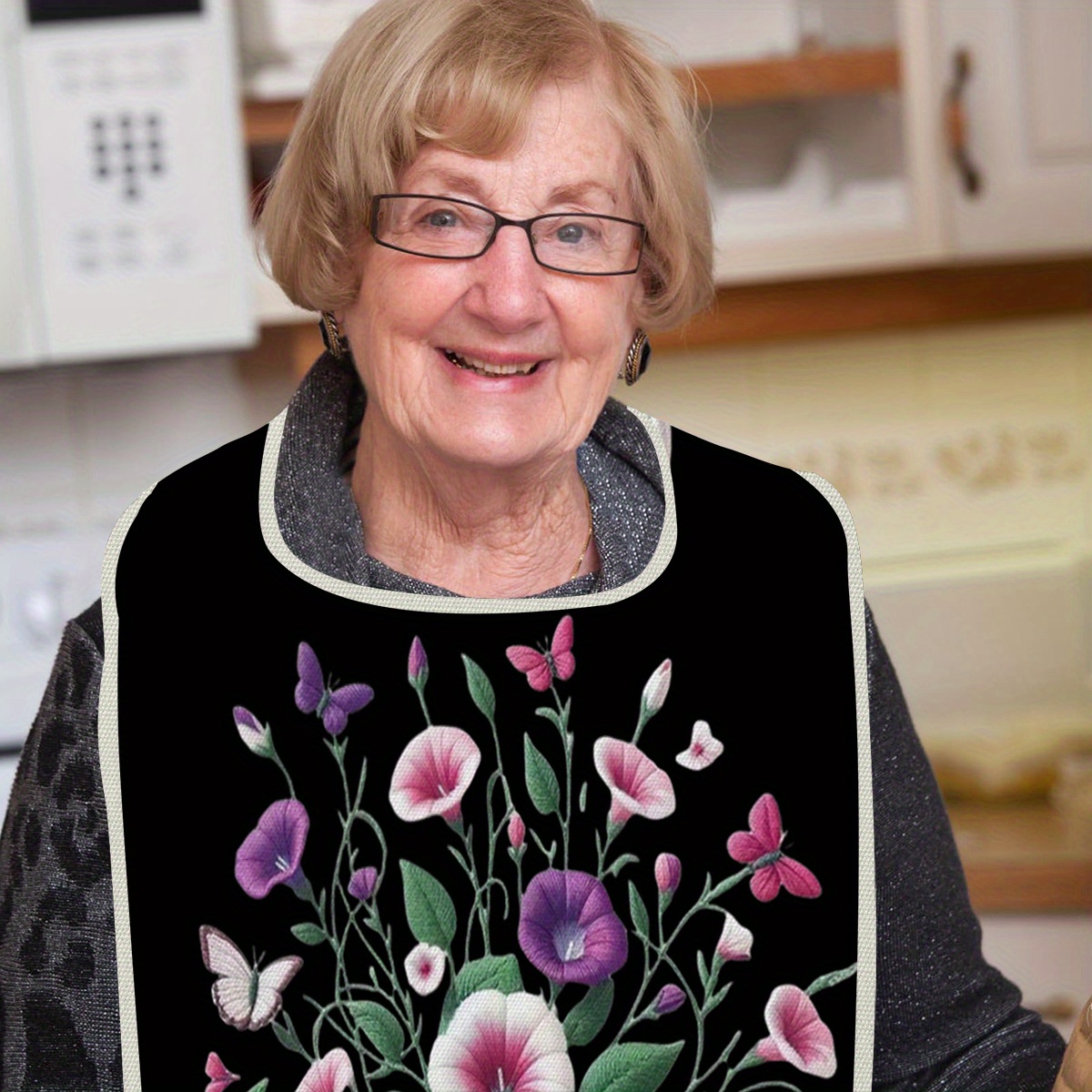 

Elegant Floral Linen Bib - Large, Washable Adult & Senior Dining Apron With Classic Design