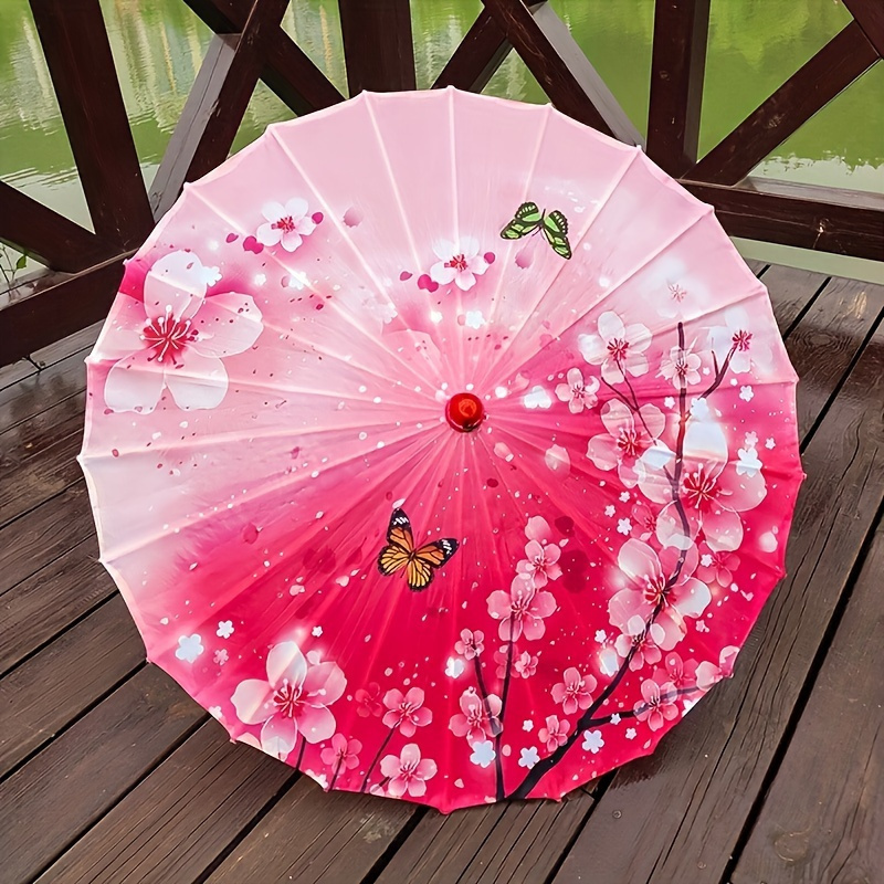 

1pc Elegant Sakura Blossom Chinese Parasol - Waterproof Silk Umbrella With Protection, Pink With Butterflies - Wedding Decorations & Outdoor Celebrations