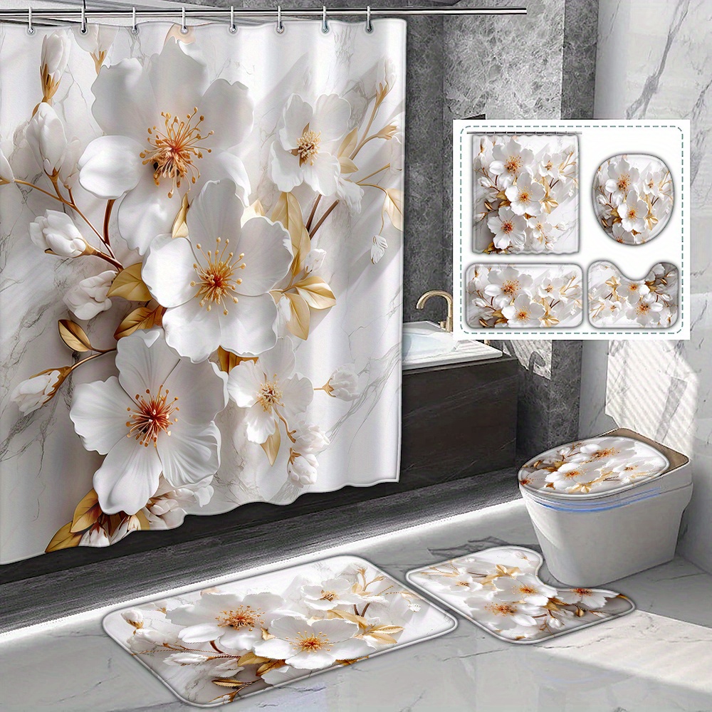 

White Floral Graphic Bath Curtain Set With 12 Hooks: Artistic Print, Waterproof, And Includes Bath Mat, U-shaped Rug, Toilet Seat Cover, And Bathroom Accessories - Perfect For All Seasons And Holidays