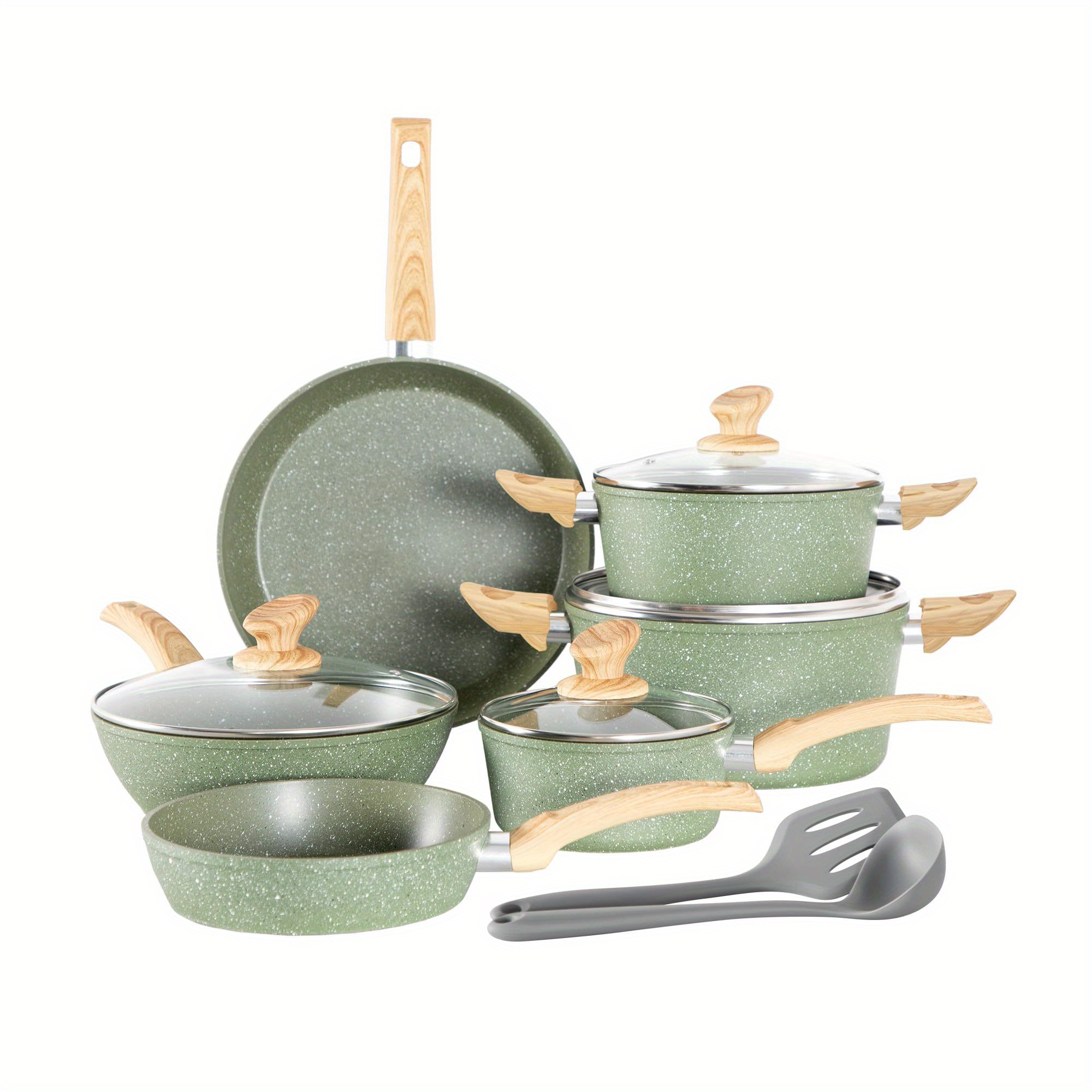 

Induction Cookware Sets - 12 Piece Green Cooking Pan Set, Granite Nonstick Pots And Pans Set