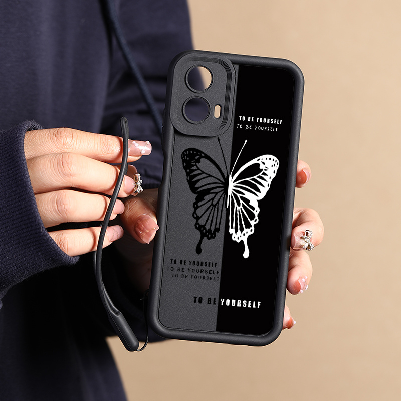

Luxury G10 G20 G30 G14 G34 E13 G04 5g Shockproof Mb9g Silicone Protect Phone Case With Lanyard - Black Butterfly Design