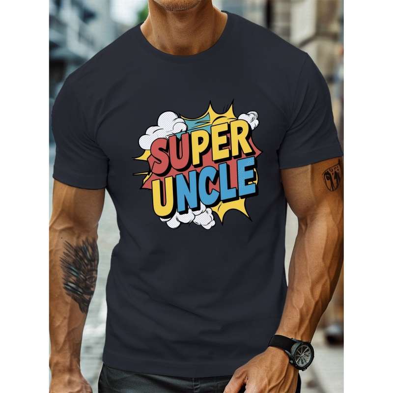 

Super Uncle Print, Men's Round Crew Neck Short Sleeve Tee, Casual T-shirt Casual Comfy Lightweight Top For Summer