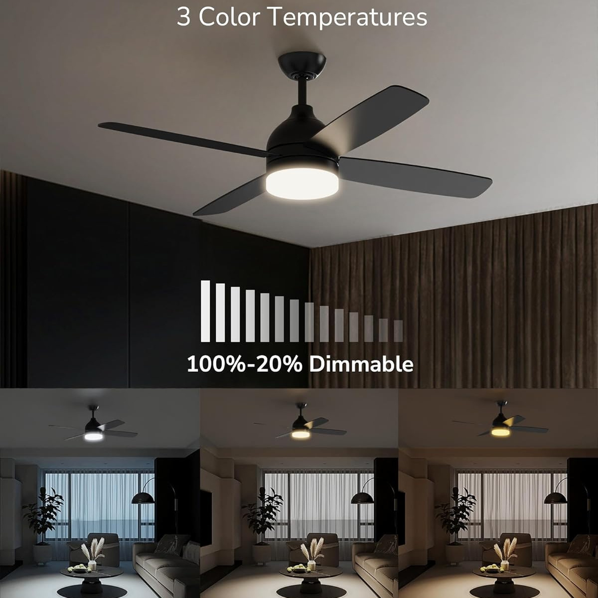 

Ulg Ceiling Fans With Lights, 52 Inch Black Ceiling Fans With Lights And Remote, Indoor/outdoor Modern Ceiling Fans For Patios Bedroom Farmhouse, Dimmable 3cct Led, Quiet Reversible Motor