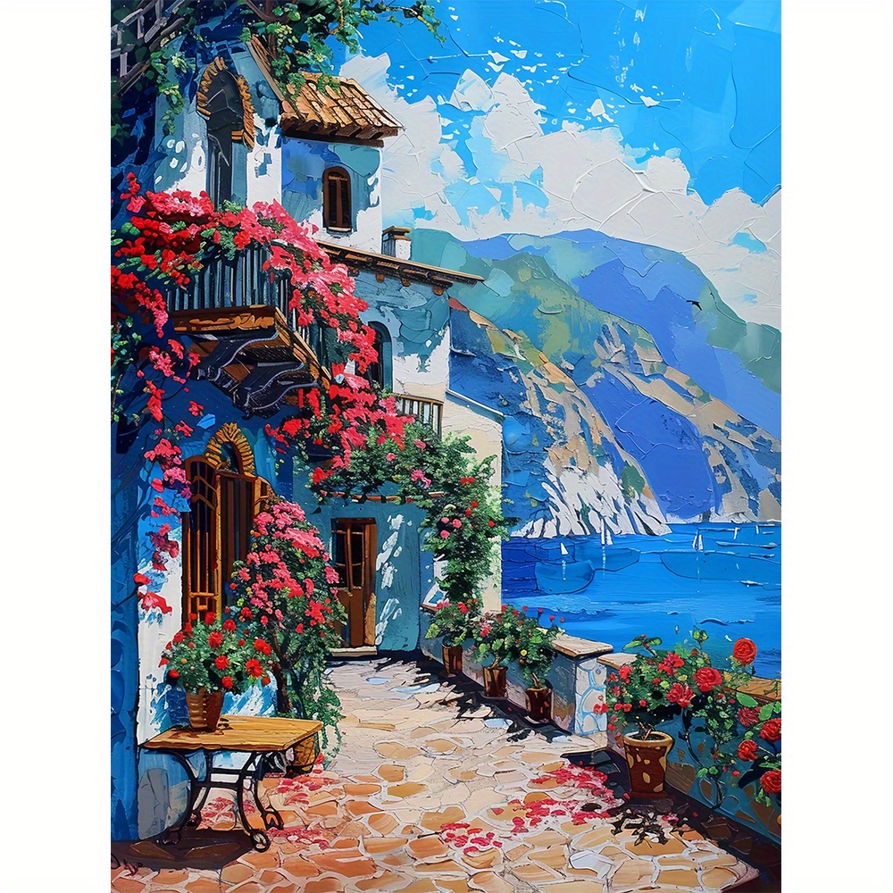 

Peindre par numéros : Maison de bord de mer avec montagnes, toile pliable de 15,7x19,6 pouces, ensemble de peinture acrylique, cadeau unique