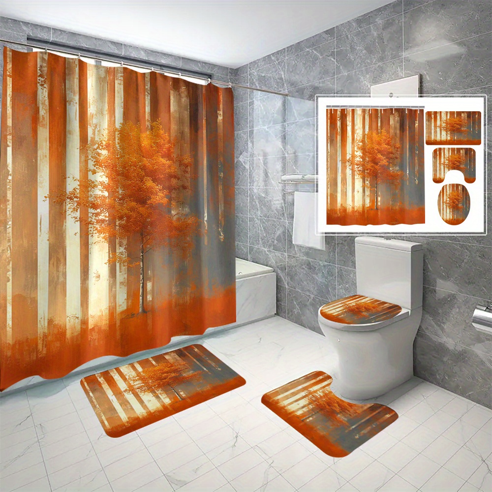 

4-piece Print Shower Curtain Set - Waterproof & Mold-resistant Polyester With Hooks, Includes Bath Mat, U-shaped Rug, And Toilet Lid Cover Shower Curtains For Bathroom Fabric Shower Curtain