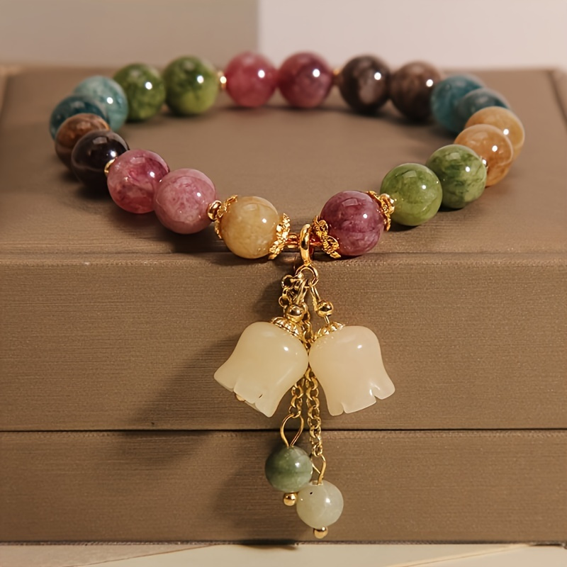 

Elegant Natural Jade Bracelet With Flower Pendant - Multicolor Beryl Beads, Unisex Daily Accessory, No Plating, Gift For All Seasons