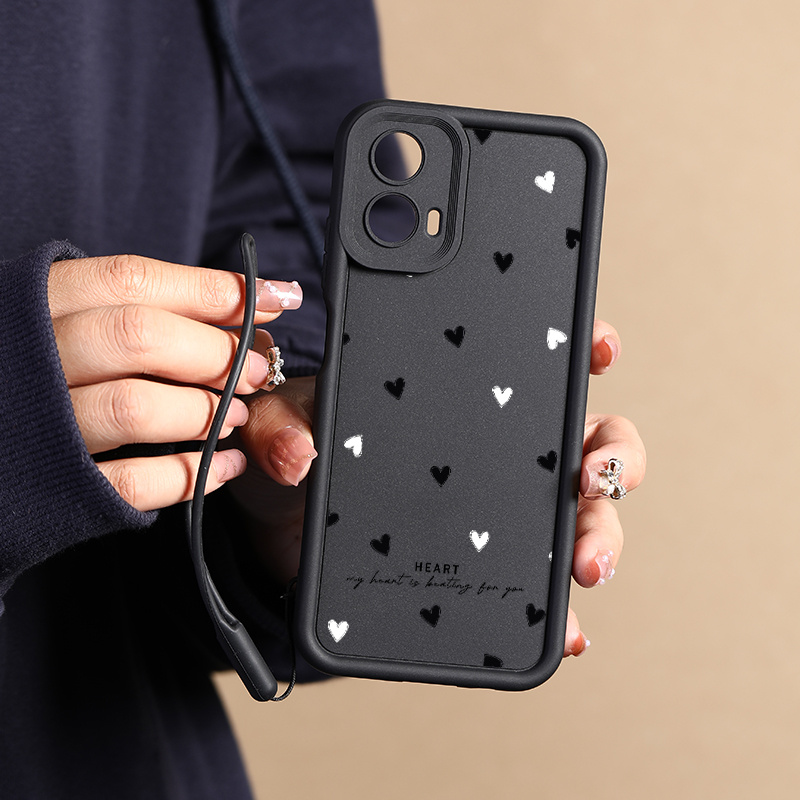 TEMU Case With Lanyard For Moto G53 G22 Pattern Black & White Heart Phone Cases For G10 G20 G30 G14 G34 E13 G04 5g Shockproof Mb9g Silicone Protect
