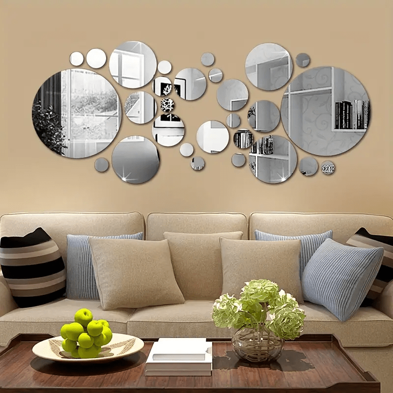 

30pcs Diy Round Mirror Wall Sticker Set, Self-adhesive & Reusable, Transform Your Space With Detachable Art Deco Accents, For Bathroom Living Room Bedroom Study Office
