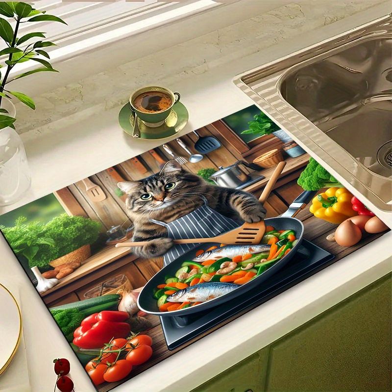 

Creative Cooking Cat Print Dish Drying Mat, 1pc - Polyester Non-slip Absorbent Multi-functional Mat For Kitchen Appliances, Washer, Coffee Machine, Refrigerator