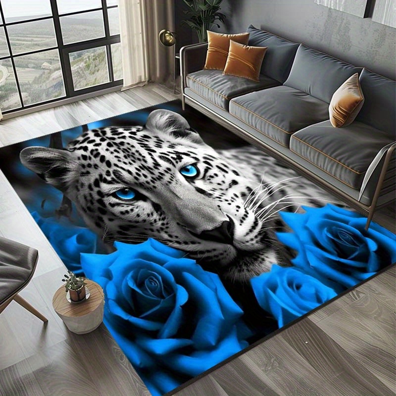 

Leopard Print Area Rug With Blue Roses – Soft Polyester Washable Mat For Living Room, Patio, Kitchen, Bedroom, Playroom, Bathroom – Large Carpet With Skid-resistant Backing, Indoor/outdoor Use