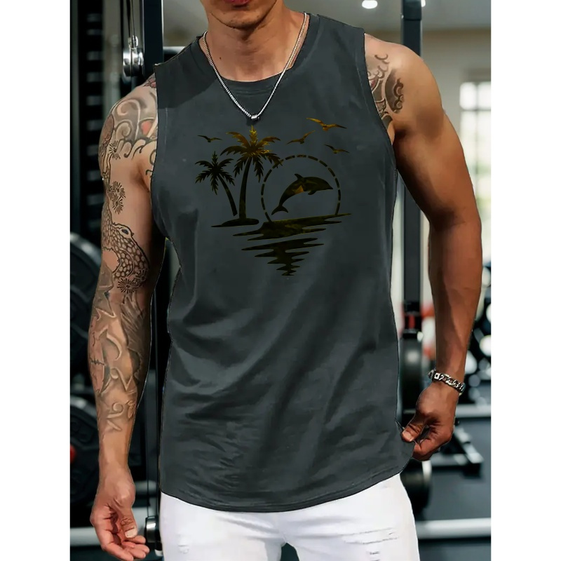 

Beach Coconut Trees Print Men's Quick Dry Moisture-wicking Breathable Tank Tops, Athletic Gym Bodybuilding Sports Sleeveless Shirts, Men's Vest For Workout Running Training Basketball Fitness