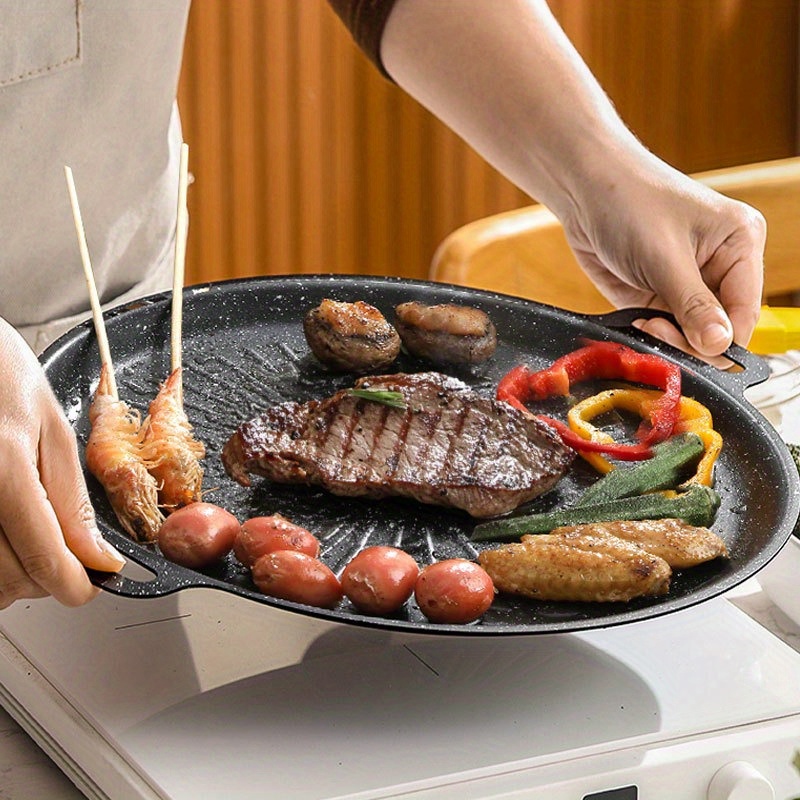 

Korean Bbq Grill Pan Medical Stone Non-stick Steel Teppanyaki Griddle For Outdoor Camping, Compatible With Gas, Induction &