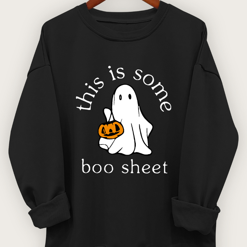 

This Is Some Boo Sheet Ghost Print Sweatshirt, Halloween Long Sleeve Crew Neck Sweatshirt For Fall & Winter, Women's Clothing