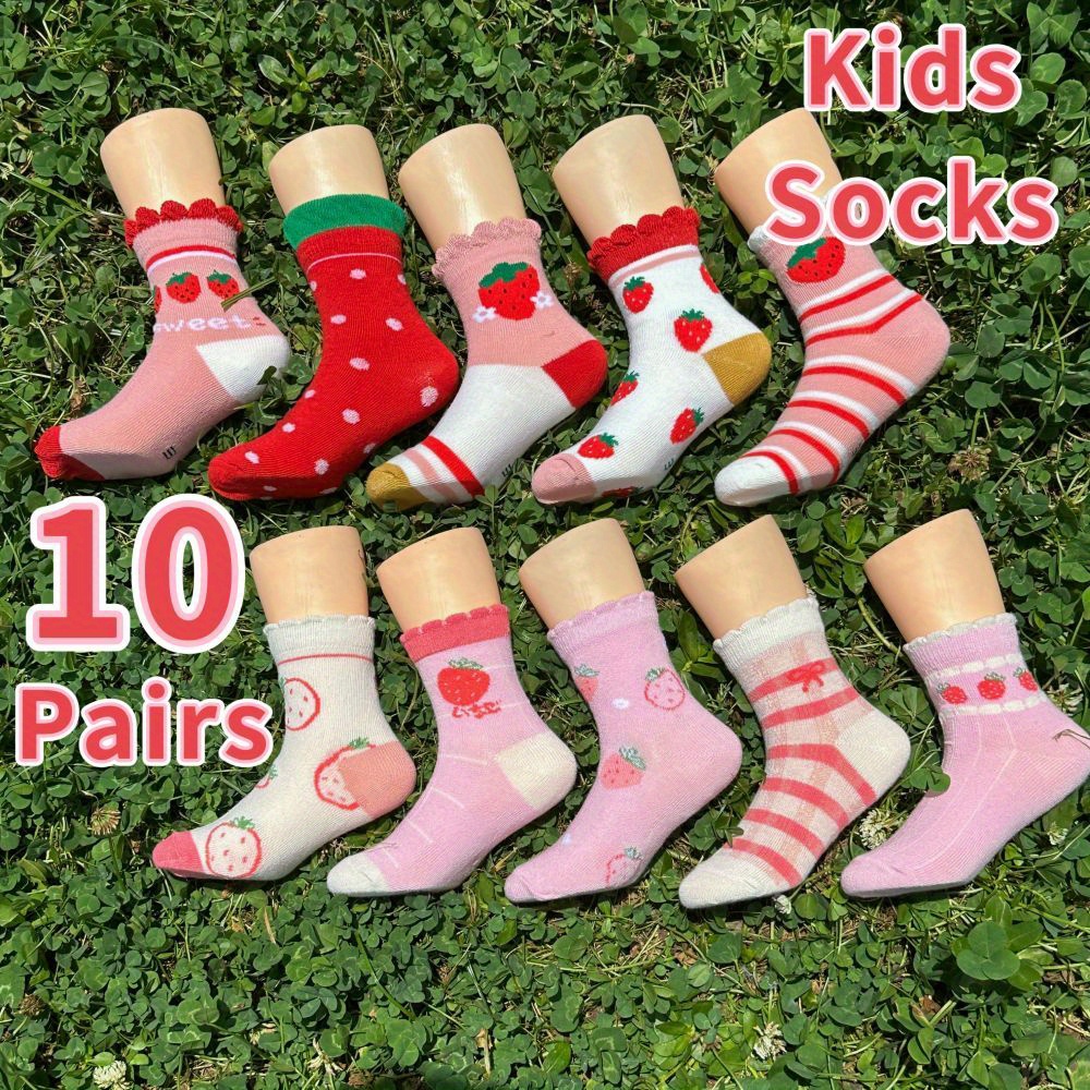 

10 Pairs Of Toddler's Cute Strawberry Pattern Crew Socks, Soft Comfy Children's Socks For Boys Girls All Seasons Wearing
