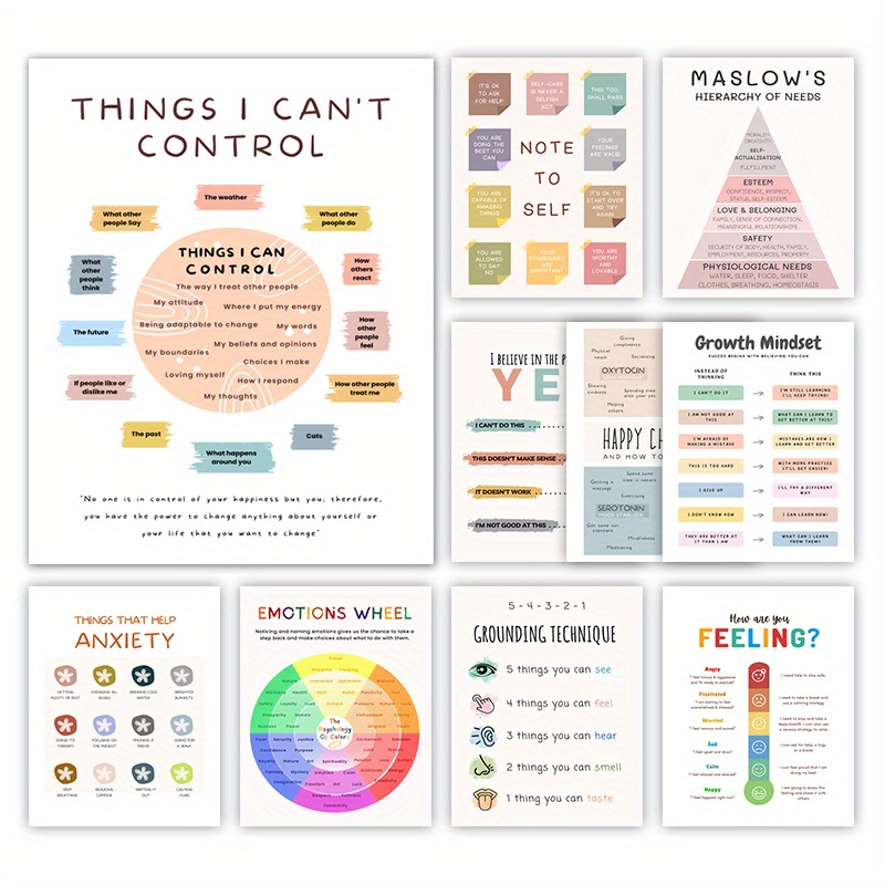 

10-piece Set Counseling And Therapy Posters - Mental Health And Emotional Wellness Wall Art - Unframed 8x10 Inch Positive Psychology Prints For Counselors, Psychologists, And Therapists Office Decor