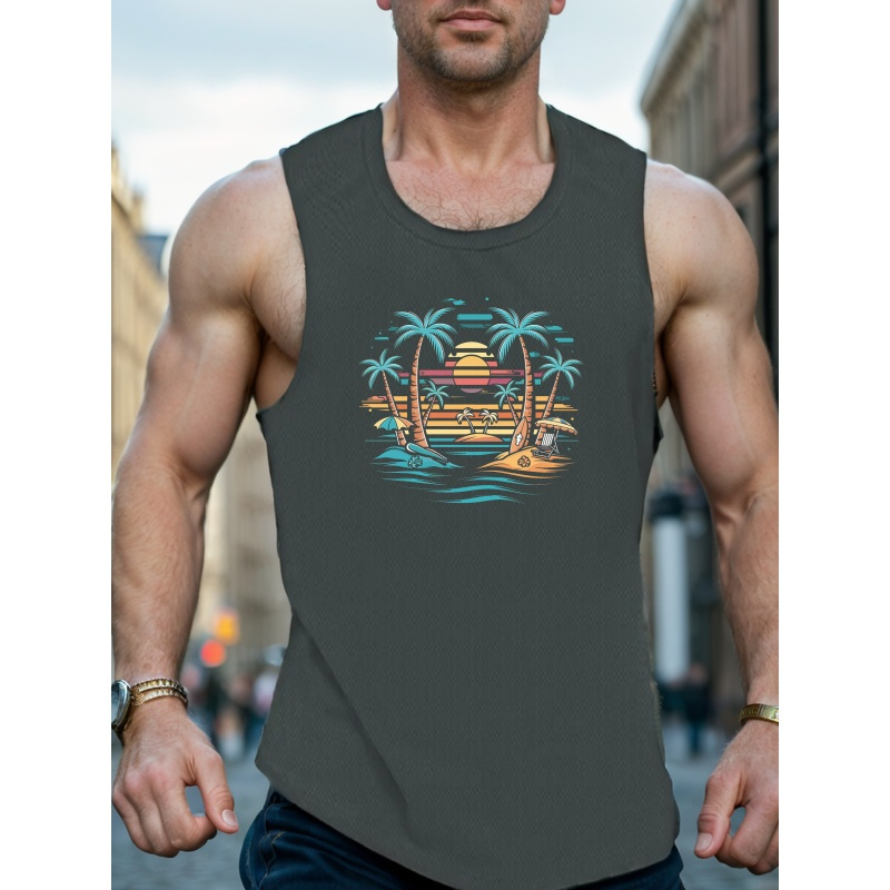 

Sunset Beach And Coconut Trees Graphic Print Men's Tank Top, Casual Sleeveless Athletic Tank Top, Breathable Comfy Fit For Daily Wear