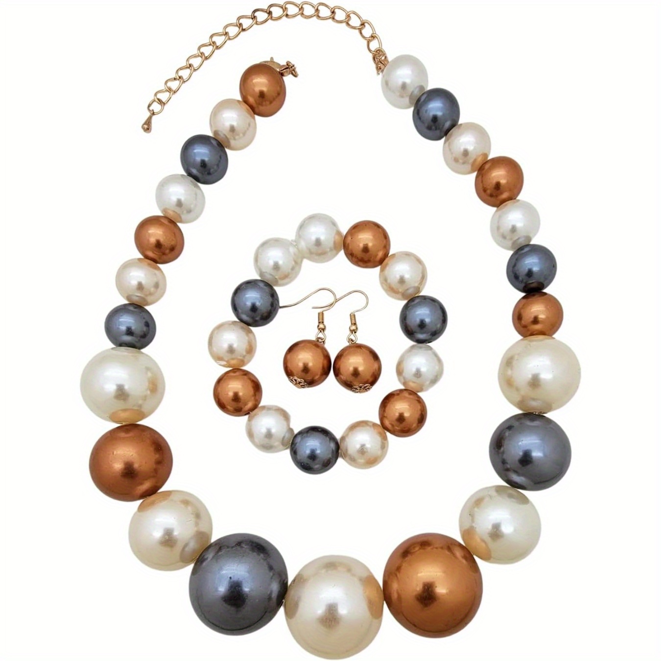 

3 Pieces Per Set Women's Chunky Large Simulated Pearl Statement Necklace, Bracelet, Earring Set
