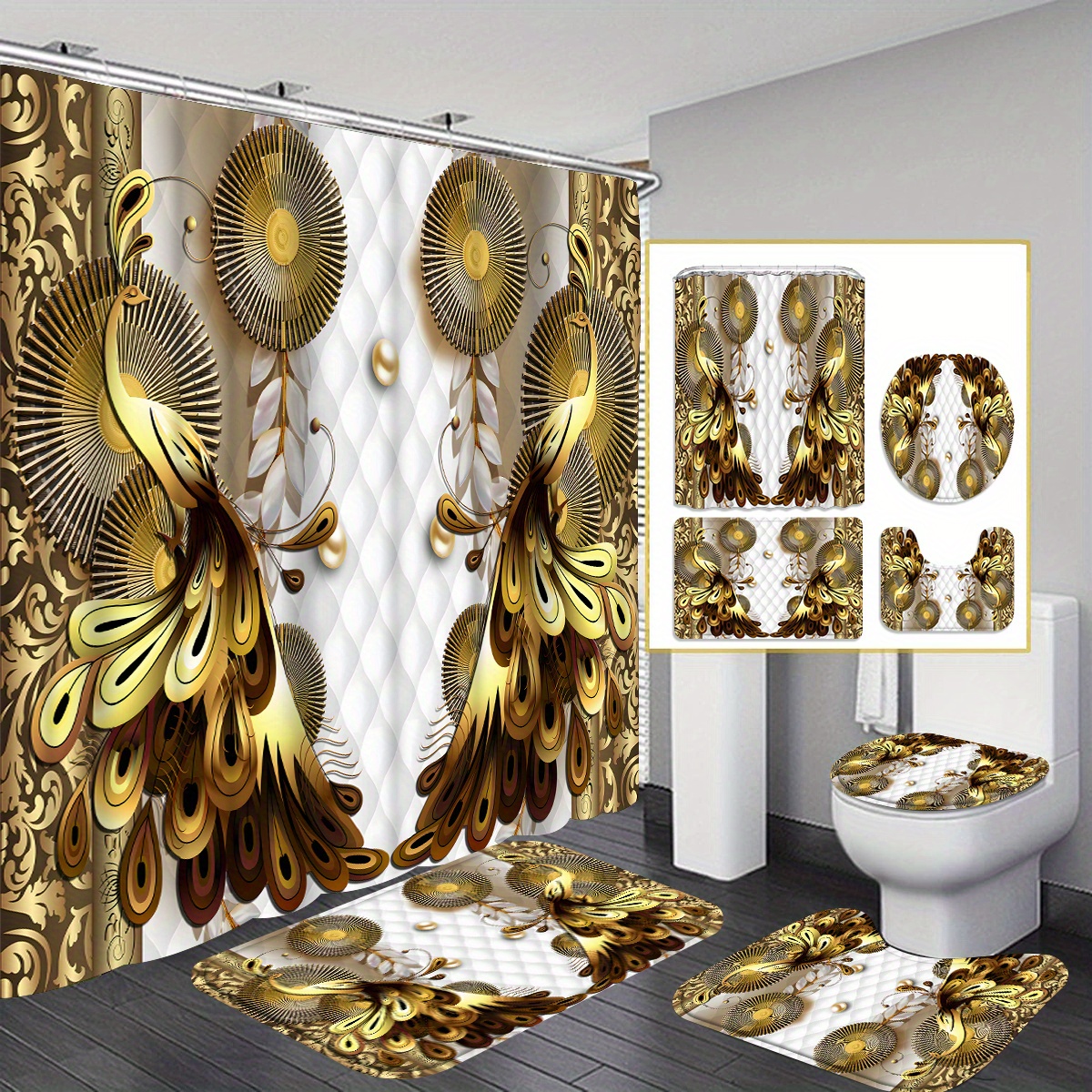 

4pcs The Luxurious Peacock Gate Shower Curtain Gift Modern Home Bathroom Decoration Curtain And Toilet Floor Mat 3-piece Set With 12 Shower Curtain Hooks
