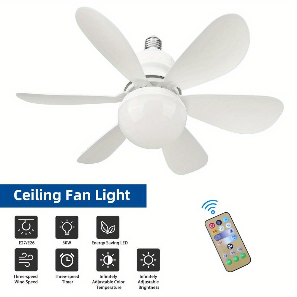 

1pc Socket Fan Light, Screw Ceiling Fans With Lights And Remote, E27 Socket Fan 30w 3 Speeds With Dimmable Led Light For Bathroom, Bedroom, Kitchen, Living Room