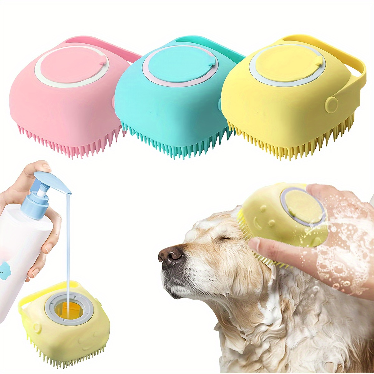 

2-in-1 Dog Bath & Massage Brush With Shampoo Dispenser - Soft Silicone, Gentle On Skin, Vibrant Colors