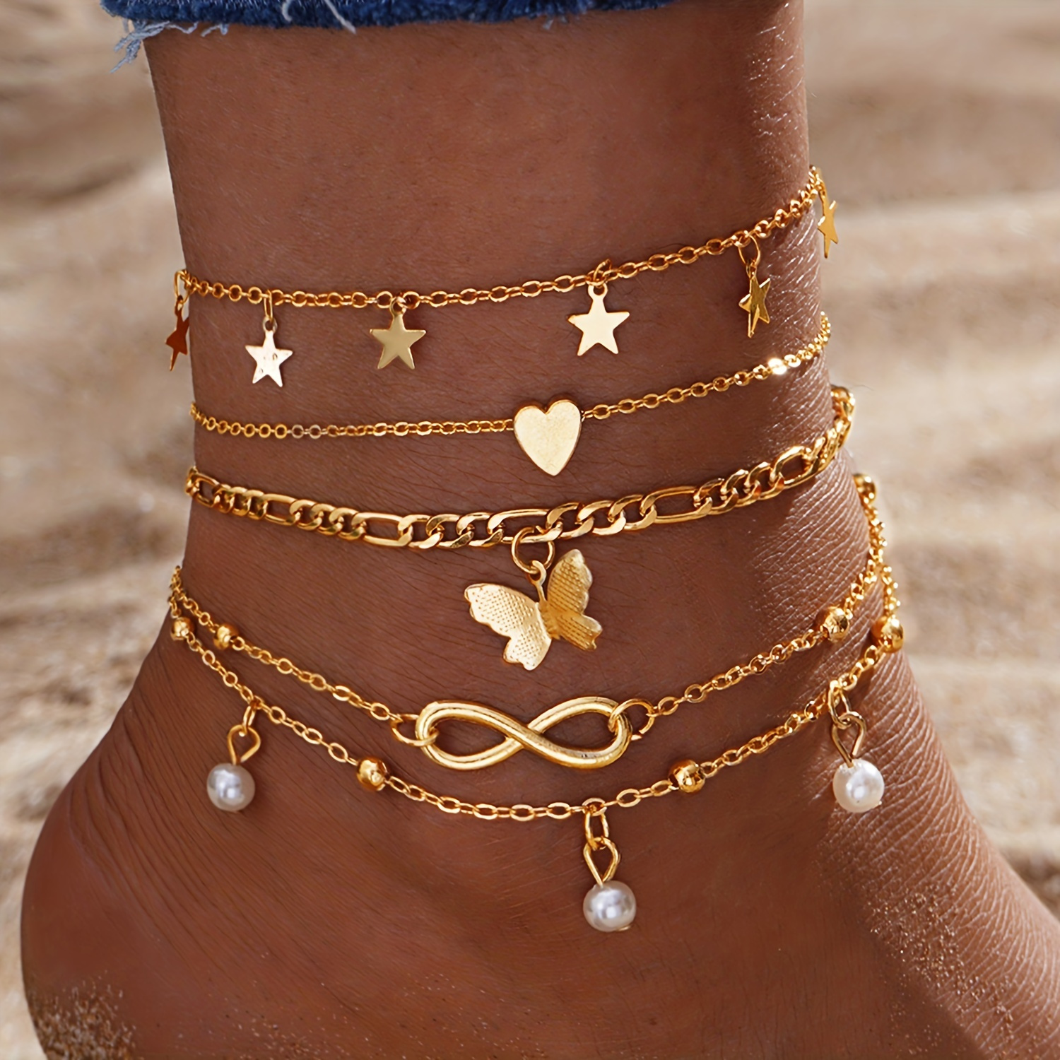 

5pcs Mini Love Heart Thin Chain Anklet Set With Faux Pearls Pendant Vintage Style Ankle Bracelet Set