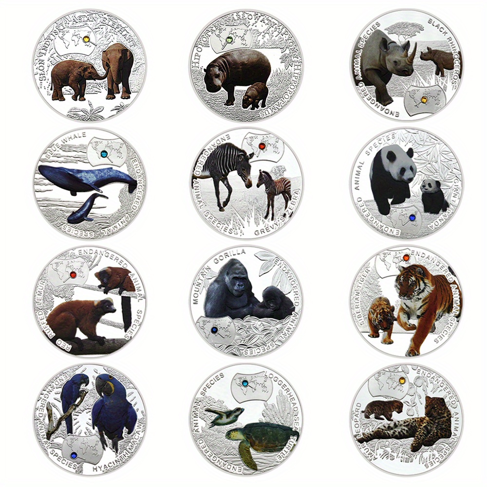 

12pcs Silvery Plated Challenge Coin Colored Commemorative Medal Of Rare Animals Gift