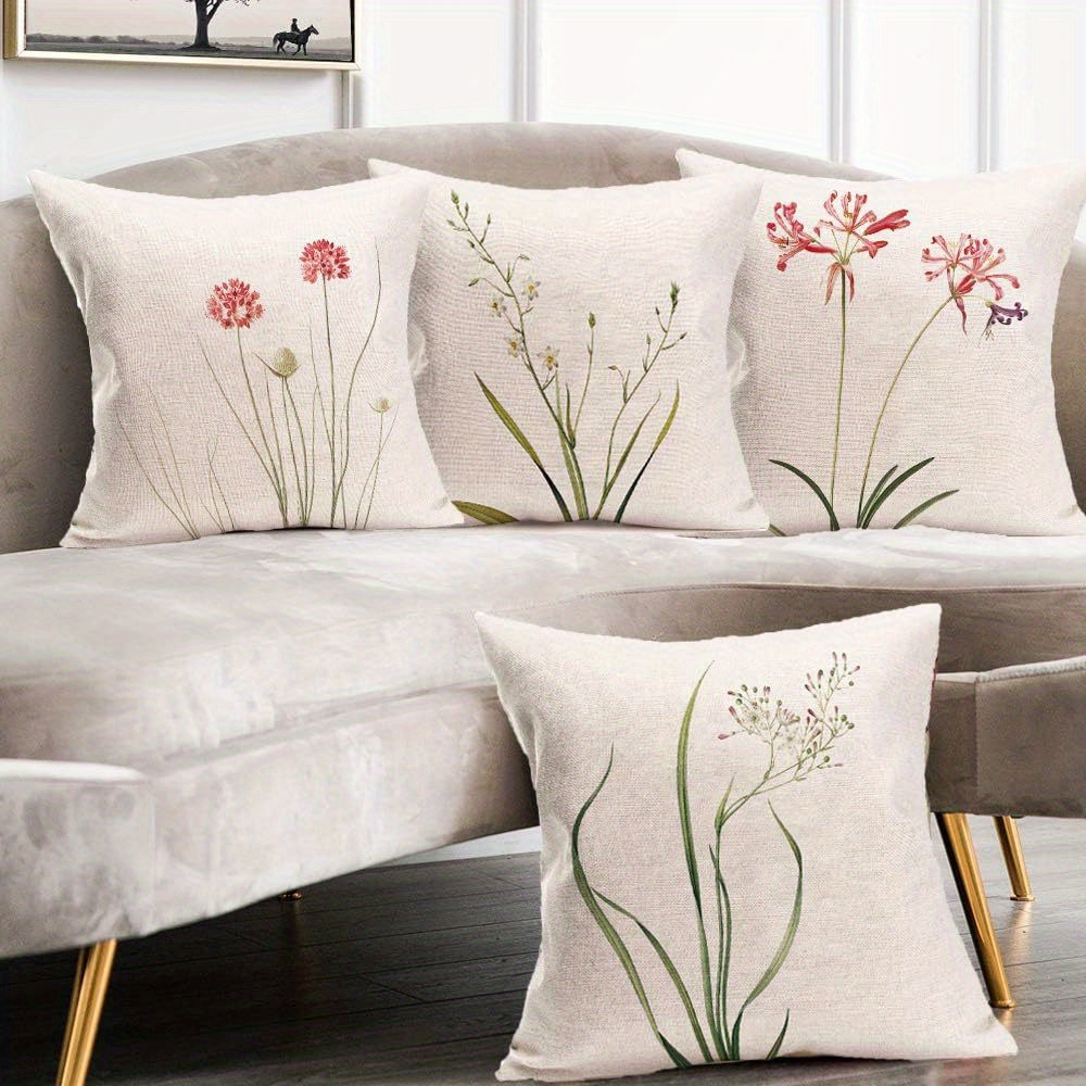 

4-piece Set Of Linen Pillowcases - Artistic Floral & Botanical Design, Zip Closure, Machine Washable, Perfect For Sofas, Beds, And Home Decor - 17.7" Square, Insert Not Included