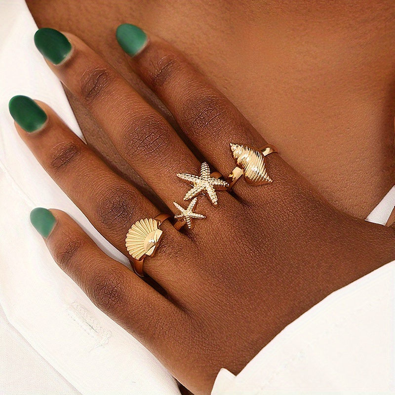 

Elegant 3-piece Vintage Ocean-inspired Ring Set With Starfish, Shell & Conch Designs - Adjustable Alloy Rings For Everyday Wear