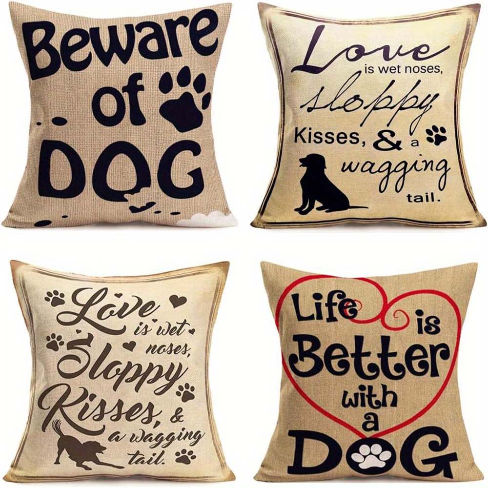 

4-pack Dog Themed Decorative Linen Throw Pillow Covers 18x18 Inch With Zipper Closure - Contemporary Knit Fabric Pillowcases For Room Types, Machine Washable, Artistic Single-sided Print Patterns