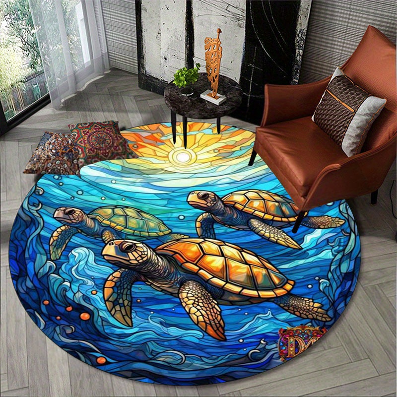 

Charming Sea Turtle Round Rug - Anti-slip, Polyester Doormat For Home & Office Decor Turtle Decor