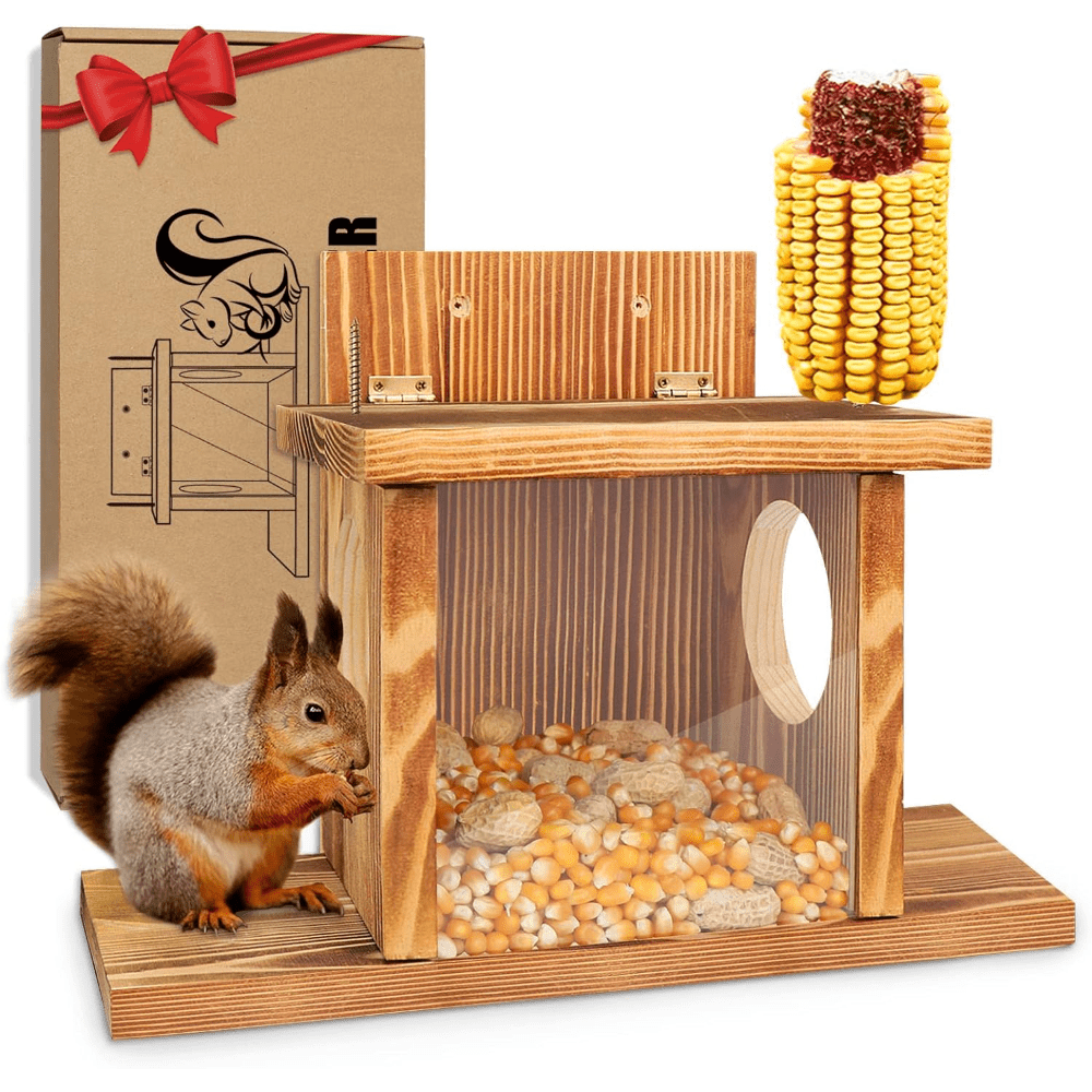 

Carbonized Wooden Squirrel Feeder, Squirrel Feeders For Outside Winter, Durable Squrrill Easy To Fill With Removable Front Panel, Wooden Chipmunk Feeder For Corn,