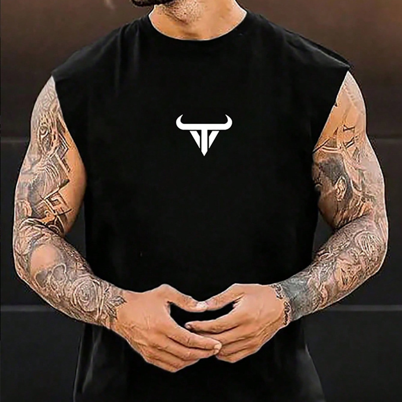 

Men's New Creative Print Tank Top T-shirt, Casual Style Sleeveless Round Neck Vest For Summer Fitness Gym Holidays