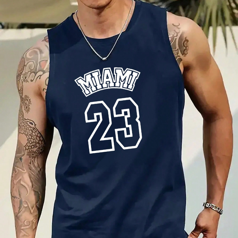 

Miami 23 Pattern Fashion Print Men's Quick Dry Moisture-wicking Breathable Tank Tops, Athletic Gym Bodybuilding Sports Sleeveless Shirts, Men's Vest For Workout Running Training Basketball Fitness
