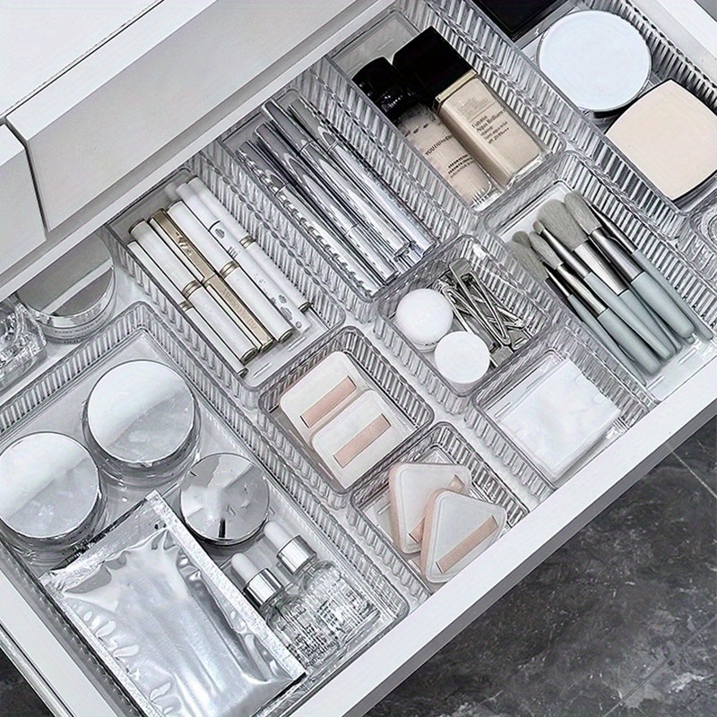 

7pcs Desk Drawer Organizers Set Plastic Bathroom Storage Makeup Organizer Clear Transparent Storage Box Bins Kitchen Gadget