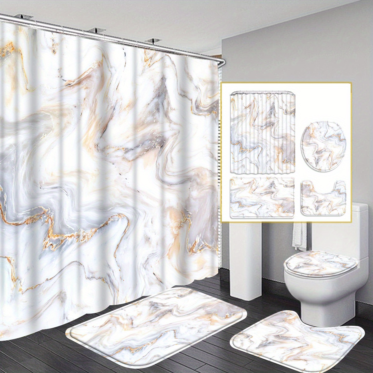 

4pcs White Marble Grain Shower Curtain Gift Modern Home Bathroom Decoration Curtain And Toilet Floor Mat 3-piece Set With 12 Shower Curtain Hooks