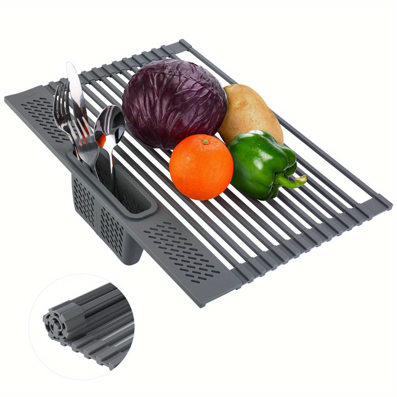 

Kitchen Roll-up Dish Drying Rack, Multifunctional Rollable Over Sink Dish Rack With Utensil Holder, Foldable Silicone Wrapped Steel Drain Rack For Kitchen Sink Counter