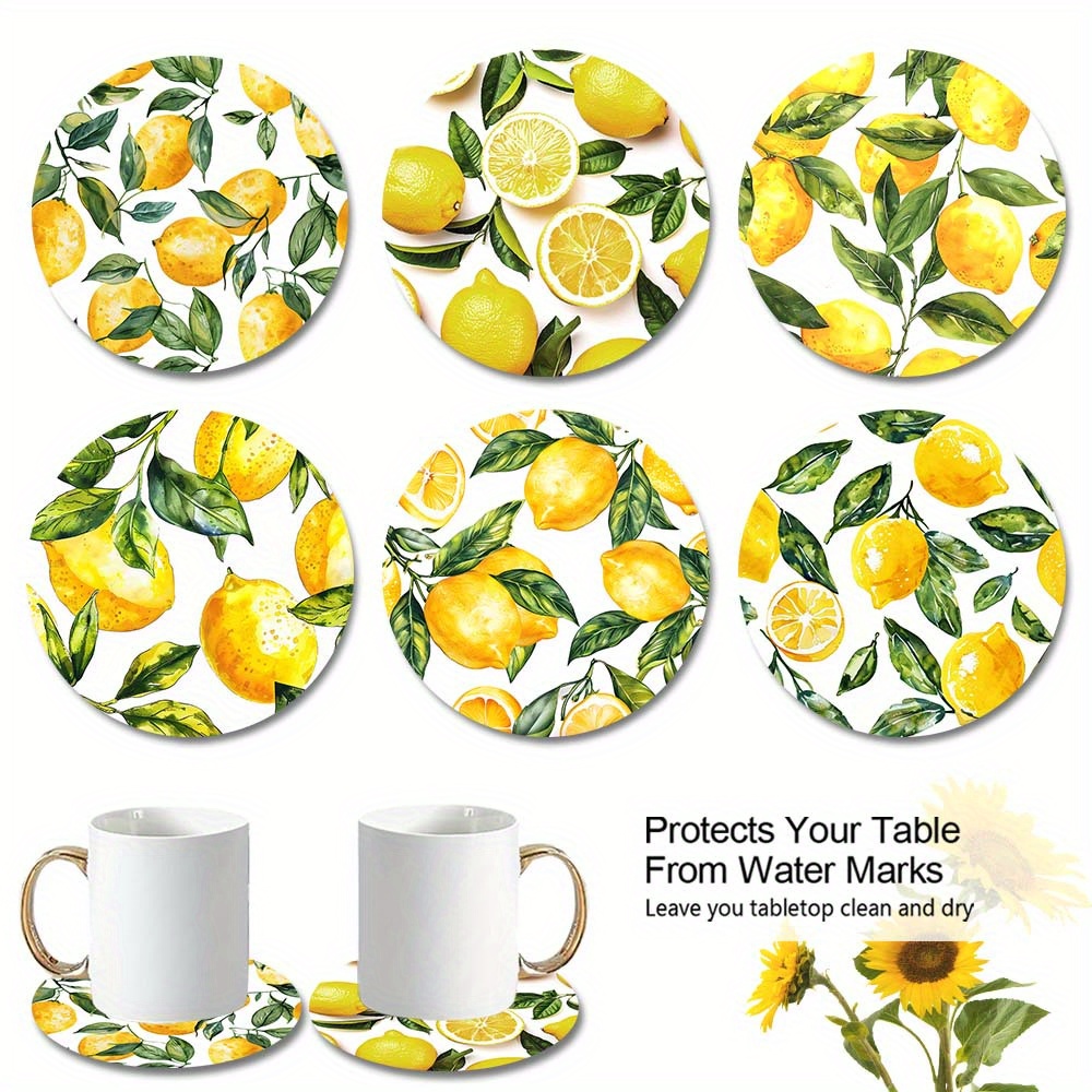 

Lemon And Leaf Coaster Set: 6 Pieces Of Softwood Cup Pads With A Fresh, Vibrant Design - Perfect For Your Kitchen Or Dining Room