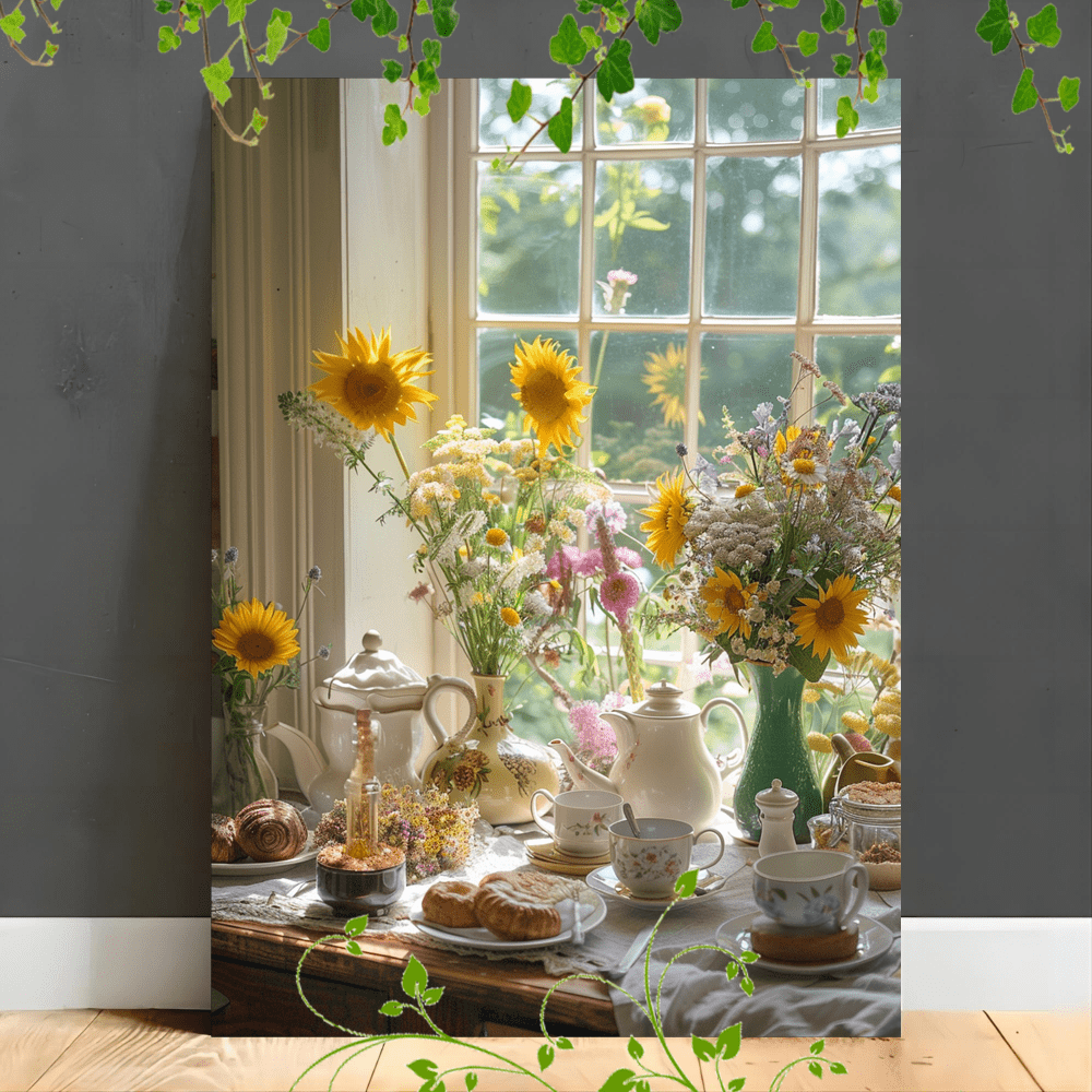 

1pc Wooden Framed Canvas Painting, A Dining Table Decorated With Vases Of Fresh Flowers, Including Sunflowers And Delicate Wildflowers. The Table Is A Cozy Breakfast With Teapots, Cups, And A Plate Of