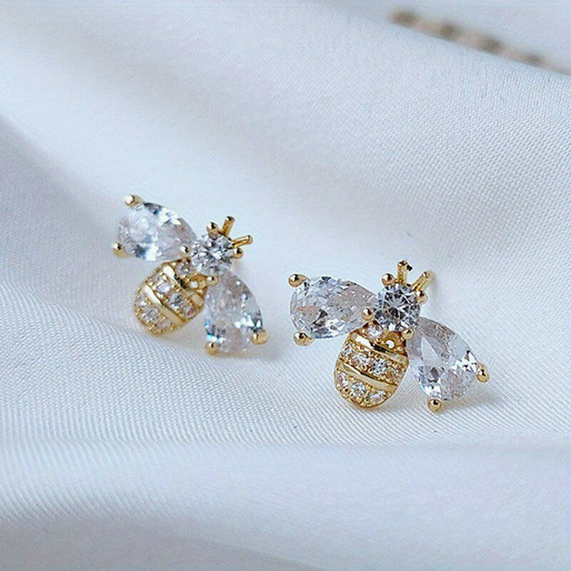 

1pair Cute Bee Earrings, Cubic Zirconia Insect Studs In Golden Tone, Jewelry Party Gift, Fashion Accessories For Girls