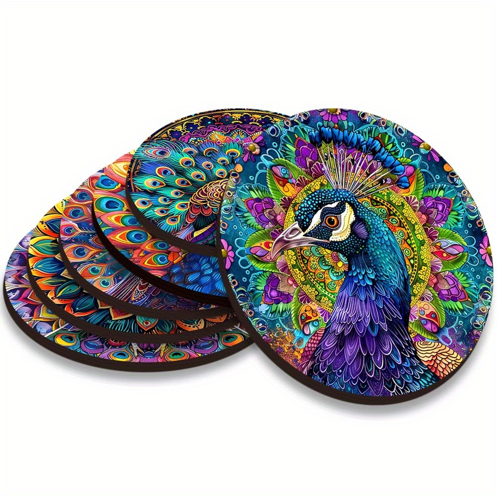 

Set Of 6 Unique Artistic Style Wooden Coasters Featuring Feathers, Measuring 3.74*3.74 Inches.