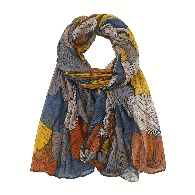 

Ginkgo Leaf Print Bali Yarn Scarf, Vintage Color Block Bohemian Shawl, Casual Warm Windproof Wrap For Women's Autumn/winter