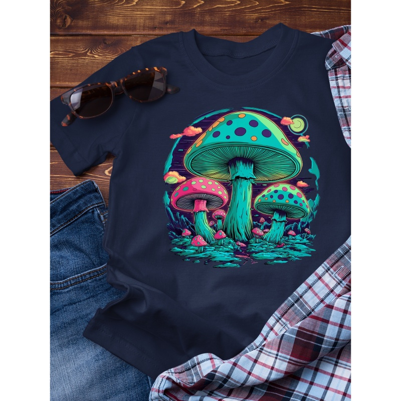 

Magical Mushrooms Graphic Print, Men's Summer Casual Short Sleeve T-shirt, Round Neck, Comfy And Simple Fit, Versatile Outdoor Top For Daily Wear