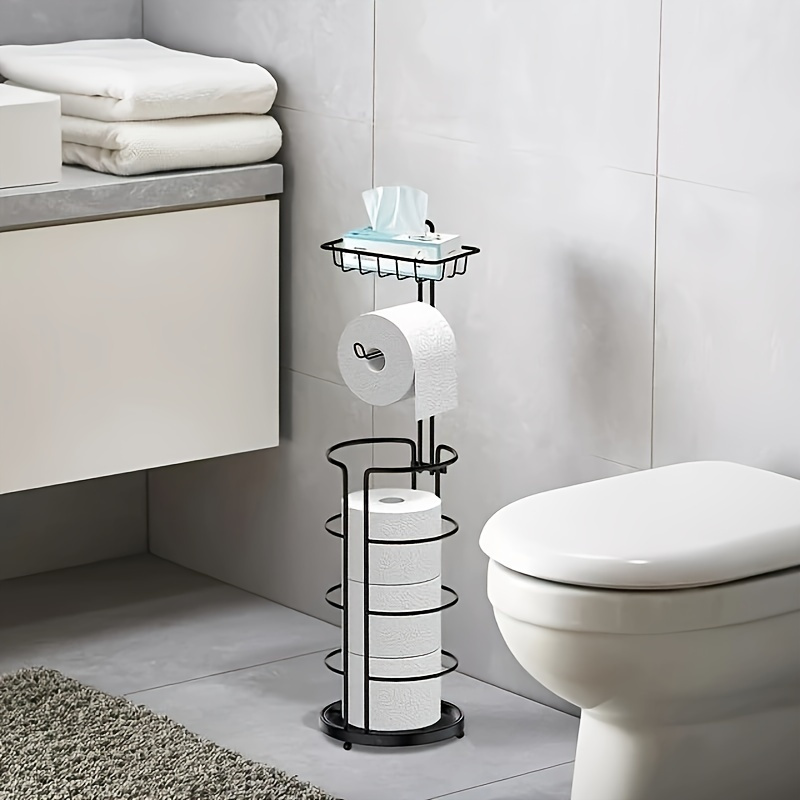 

Toilet Paper Holder Stand With Shelf For Bathroom Free Standing Bath Tissue Roll Holder Magazine Rack For Mega Rolls/phone/wipe - Black