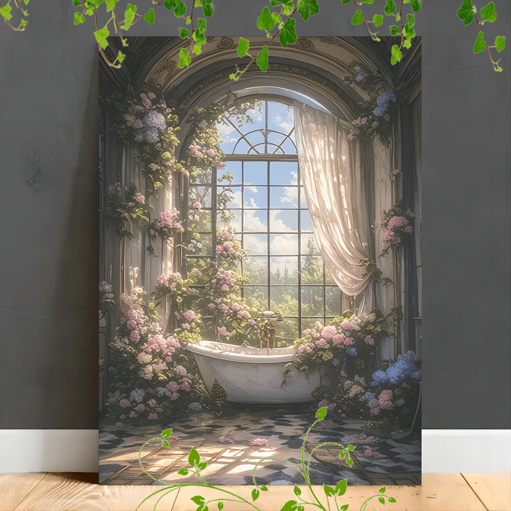 

1pc Wooden Framed Canvas Painting A Luxurious, Vintage-inspired Bathroom Adorned With An Abundance Of Pink And Purple Flowers Ar