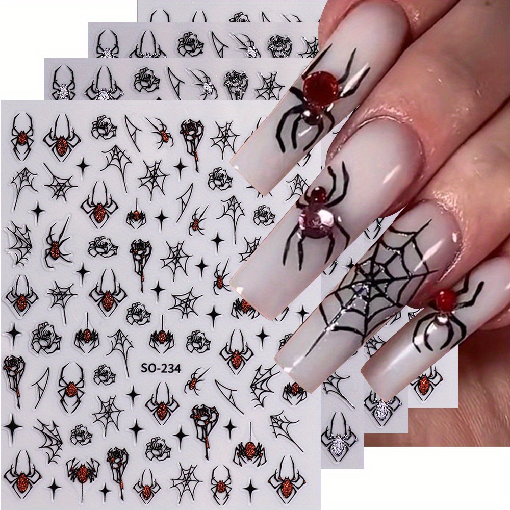 

4pcs Halloween Glitter Spider & Art Stickers, Plastic Self-adhesive Decals, Animal Theme, Shimmery , Rectangle Shape, Single Use, With Unscented Nail Embellishments For Plastic