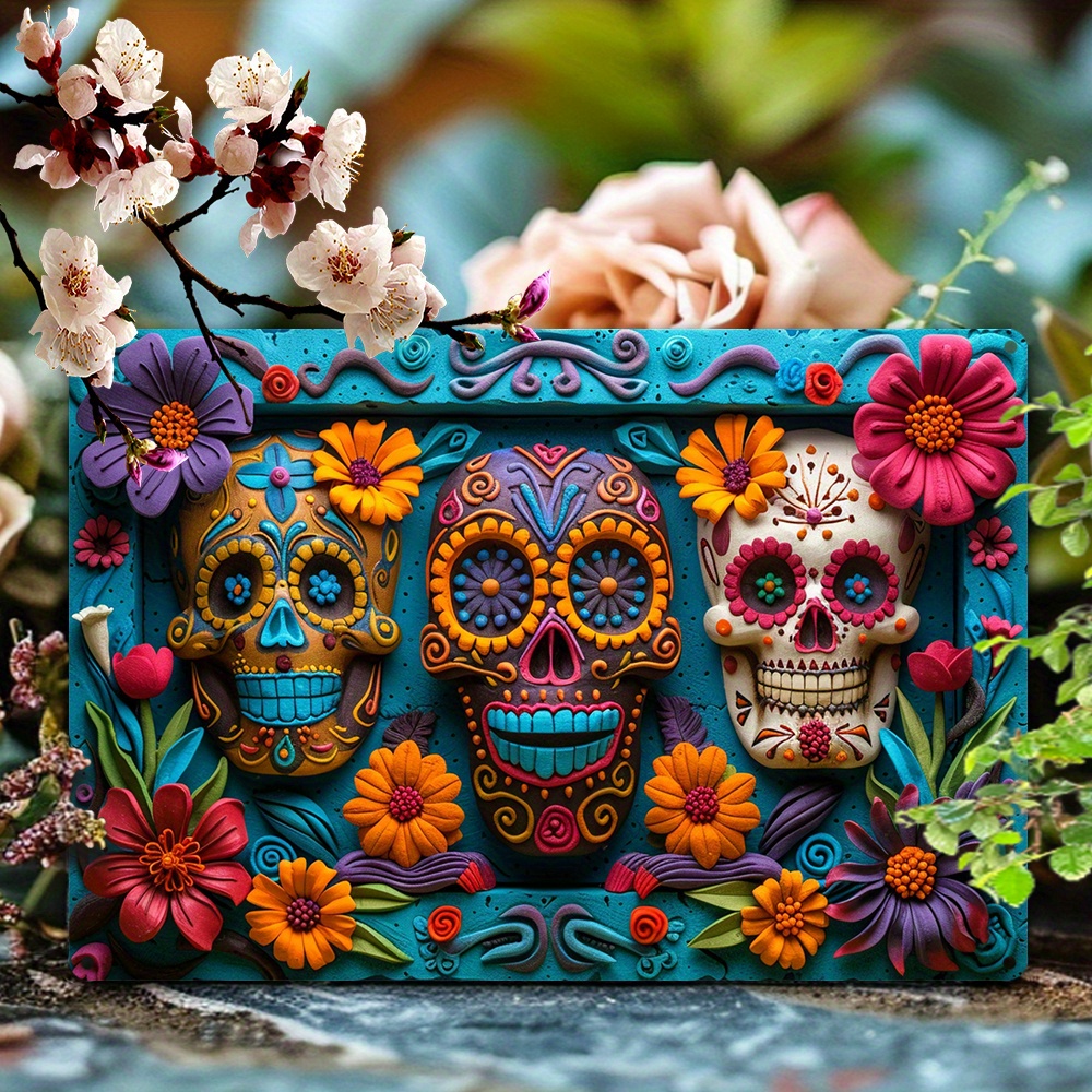

Day Of The Dead 3d Wall Art: 8x12 Inch (20x30cm) Aluminum Metal Sign - Colorful Mexican Decor For Bedroom, Living Room, Or Garden